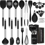 1 x RAW Customer Returns Kitchen Utensil Set, 33-Piece Premium Silicone Kitchen Utensil Set with Stainless Steel Handle, Non-Stick Heat-Resistant Black Cooking Spoon Set for Cooking and Baking, Dishwasher Safe - 10 S-Hooks - RRP €25.2