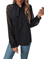 1 x RAW Customer Returns GORGLITTER Women s Elegant Blouses Mesh Sleeves Chiffon Blouse Shirt Top with Bow Long Sleeve Blouse Tunic Tops Black L - RRP €32.26