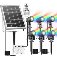 1 x RAW Customer Returns CLV Solar RGB spotlight, RGB solar light with remote control, IP66 LED spotlight, 10 colors, 6 brightness, 30 dynamic modes, dimmable floodlight, timer, memory function, color changing spotlight for garden party - RRP €53.1