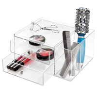 1 x Brand New mDesign Makeup Organizer for Bathroom or Dressing Table Practical Plastic Bathroom Storage Cosmetic Storage with 2 Drawers and 2 Side Compartments Transparent - RRP €21.99