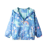 1 x RAW Customer Returns Domueay Jacket for Children Girls Hooded Outdoor Sports Windbreaker Wind and Waterproof Coat Summer Spring Autumn Light Transition Jacket Hiking Jacket Outwear Jackets 4-5 Years, Blue Rainbow Horse - RRP €19.2