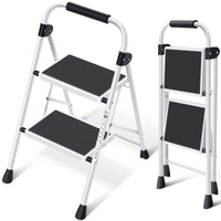 1 x RAW Customer Returns KINGRACK 2 Step Ladder, Step Ladder with Handrails, Step Ladder, Folding Ladder Step Stool, Folding Step Stool for Adults with Handle, Household Ladder Anti-Slip Stable and Wide Pedal, White - RRP €36.29