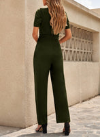 1 x RAW Customer Returns Dokotoo Jumpsuit Women Elegant Short Sleeve Long Overall Trouser Suit V-Neck Casual Loose Playsuit Romper, Green, L - RRP €43.99