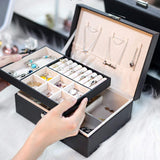 1 x RAW Customer Returns Astoryou Jewelry Box Organizer, 2 Layers Lockable PU Leather Jewelry Box Jewelry Holder for Necklace Watch Storage Box with Lid, Removable Divider for Earrings, Black - RRP €12.22