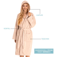 1 x RAW Customer Returns Women s bathrobe - 100 cotton 350g m Oeko-TEX certified - women s dressing gown with hood, 2 pockets, belt - beige - S - RRP €39.49