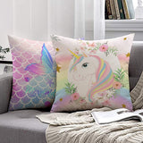 2 x Brand New MUSOLEI Unicorn Mermaid Cushion Cover 45x45 Child Girl 2 Velvet Pillowcases with Zipper Washable Bed Bedroom Living Room Sofa Chair Car Birthday Party Gift - RRP €18.88