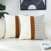 1 x Brand New MYCDXE Cushion Covers 45x45cm Farmhouse Pillow Covers, Cotton Light Brown Faux Leather Square Home Decorative Pillow Case, Set of 2 Stripes Textured Cushion Cover for Sofa Couch Chair Bedroom - RRP €18.14