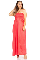 1 x Brand New Sakkas 5026 Comfortable Jersey Feel Solid Color Smocked Bodice String Halter Maxi Long Dress - Coral Medium - RRP €41.99