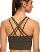 1 x RAW Customer Returns AGONVIN Women s Longline Strappy Padded Medium Support Training Top Sports Bra Olive Green M - RRP €26.48