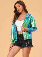 1 x RAW Customer Returns Allegra K Women s Blouse Long Sleeve Metallic Jacket Holographic Party Zipper Hooded Jacket Blue Green M - RRP €54.44