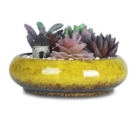 1 x RAW Customer Returns ARTKETTY 18.5 cm Round Succulent Planters Pots with Drainage Hole Bonsai Pots Garden Decorative Cactus Stand Ceramic Glazed Cactus Flower Pots Yellow with Bamboo Saucer - RRP €20.4