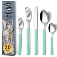 1 x RAW Customer Returns BEWOS cutlery set for 6 people, 30-piece cutlery set light green including knife, fork, spoon, colored handles, camping cutlery, dishwasher safe - RRP €28.22