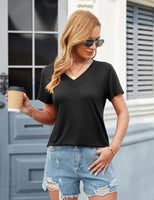 1 x RAW Customer Returns Amoretu Women s Summer T-Shirt V-Neck Pleated Casual Short Sleeve T-Shirt A Black XXL - RRP €24.0