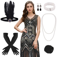 1 x RAW Customer Returns FEPITO 1920s V-neck Sequin Beaded Fringe Dress with 20s Accessories Set - RRP €38.59