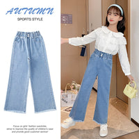 1 x RAW Customer Returns SEAUR Girls Baggy Jeans Cargo Pants Wide Leg Flared Trousers Casual Vintage Teenager Cargo Pants 120-170cm Elastic Waistband Bootcut Straight Denim Jeans Pants - 11-12 Years - RRP €32.99