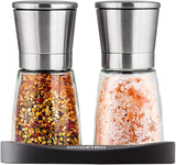 1 x RAW Customer Returns Salt and Pepper Grinder Set with Silicon Stand - Grinders with Adjustable Ceramic Coarseness - Brushed Stainless Steel and Mixer with Glass Body - RRP €18.99