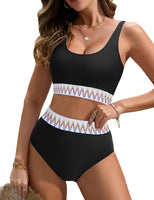 1 x RAW Customer Returns UMIPUBO Bikini Set Women Tummy Control Push Up Swimwear High Waist Bikinis Retro Swimsuit with Wave Pattern Big Breasts Swimsuit Beach Bikini Black, L  - RRP €36.99