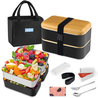 1 x RAW Customer Returns HOLIPOT Bento Box, Lunch Box with Compartments 2 Levels with 2 Eco-Friendly PP Stainless Steel Containers, with Fork Spoon Dividers Carrying Bag, for Children and Adults Black - RRP €29.99