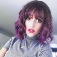 1 x RAW Customer Returns PARXITN Short Bob Wig with Bangs Natural Ombre Purple Wig Synthetic Hair Colorful Daily Party Halloween Cosplay Wavy Curly Wigs for Women - RRP €26.21