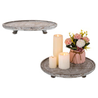 1 x Brand New Hanobe Wooden Tray Round Decorative Tray Decorative Tray with Feet Rustic Round Serving Tray Wood with Foot Vintage Shabby White Decorative Plate for Candles Kitchen Bathroom Table Pack of 2, White Washed  - RRP €44.34