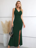 1 x RAW Customer Returns Laughido Cocktail Dress Wrap Dress Elegant Long Evening Dresses Women s Maxi Dress Party Dress Festive Bodycon Wedding Summer Dress Dark Green, Medium  - RRP €49.4