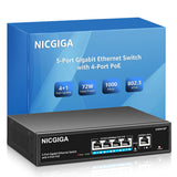 1 x RAW Customer Returns NICGIGA 5 Port Gigabit PoE Switch with 4 PoE ports 72W built-in power supply, fanless, robust metal housing for table wall, plug and play, VLAN mode, unmanaged - RRP €34.99