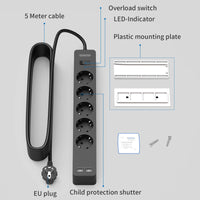 1 x RAW Customer Returns 5-way power strip 5m with 2 USB, NTONPOWER multiple socket wall mounting with mounting plate, no drilling, long extension cable, surge protection, child safety lock - black, reusable - RRP €38.89