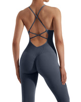 1 x RAW Customer Returns RXRXCOCO Spaghetti Strap Ribbed Jumpsuit Women Tight Backless Padded Overall Tummy Control Yoga Sport One Piece Romper Bodysuit 2 Blue S - RRP €28.22