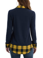 1 x RAW Customer Returns DJT FASHION Women s 2-in-1 Checked Casual Blouse Long Sleeve Shirt Navy - Yellow Plaid XL - RRP €22.99