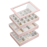 1 x RAW Customer Returns Emibele Jewelry Tray, Three-Tier Jewelry Storage with Glass Lid and Removable Divider, Women s Jewelry Box, Jewelry Organizers for Watch Necklace Bracelet Ring Earring Studs, Pink - RRP €40.5