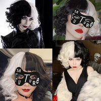 1 x RAW Customer Returns HIQE-FL Cruella costume for women, Halloween costume for women, 70s accessories, short black and white cosplay wigs with bangs, women s lace mask, gloves necklace set, for carnival, fancy dress, theme party - RRP €19.67