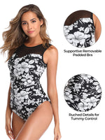 7 x Brand New Women s One Piece Swimsuit with Sexy Round Neck Beach Black White Flowers XL - RRP €239.89