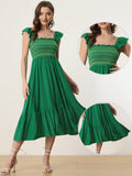 1 x Brand New Allegra K Women s Summer Dress Sleeveless Square Neck Smocked Boho Ruffles Tiered Midi Dress Green S - RRP €55.99