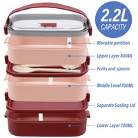 1 x RAW Customer Returns OITUGG lunch box - 3-tier lunch box for adults - 2200ml bento box, with cutlery and 3 adjustable compartments, BPA free, microwave safe, red, 19.5 x 11.2 x 15cm, without stainless steel inner - RRP €18.99