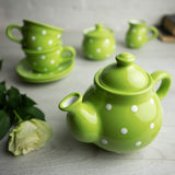 1 x Brand New City to Cottage - Ceramic Tea Coffee Set for 2 Green and White Polka Dots Handmade Ceramic Teapot Coffee Pot 750 ml, Milk Jug, Sugar Bowl, 2 Cups with Saucers - RRP €69.99