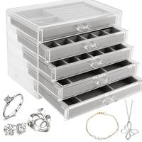 1 x RAW Customer Returns ZEONHEI 1Pcs Clear Acrylic Jewelry Box, 5 Drawers Clear Adjustable Velvet Jewelry Box for Earrings Necklace Bracelet Jewelry Display 9.5 x 6.5 x 6.5  - RRP €33.58