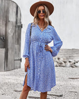 1 x RAW Customer Returns Tonxda Women s Summer Dress Casual Print Flowers Polka Dots Button Short Sleeve V-Neck Beach Dresses Button Dress High Waist Belt Long Sleeve Dress Yellow, S  - RRP €31.25