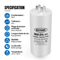 1 x RAW Customer Returns BEEYUIHF starting capacitor 50 F 50 F capacitor 50x108mm 50 60Hz 450VAC with M8 screw for electric motor dryer washing machine CBB60 50uf - RRP €26.4