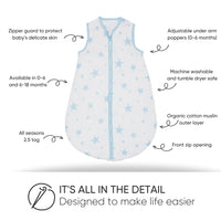 1 x Brand New Bloomsbury Mill - Organic Cotton Baby Sleeping Bag - Four Seasons 2.5 Tog - Ultra Soft Breathable Muslin - Newborn Bedding - 6 to 18 Months - Blue and White Stars - RRP €24.86