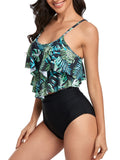 1 x RAW Customer Returns FLYILY Tankini High Waist Women s Two-Piece Bikini Set Swimsuit Ruffle Printed Swimwear with High Waist Bikini Bottoms Tankini Top Beach Wear 1-BigLeaf, L  - RRP €28.99