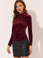 1 x RAW Customer Returns Allegra K Women s Velvet Blouse Long Sleeve Stand-Up Collar Glitter Stars Velvet Top Elegant Blouse Burgundy Red M - RRP €37.3