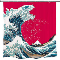 4 x Brand New Ofat Home The Great Wave Off Kanagawa Shower Curtain Sets with Hooks Japanese Hokusai Painting Bathroom Accessories Red Blue 72 x 72 Inch 150gsm - RRP €81.6