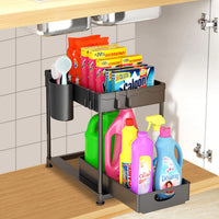 2 x Brand New CJCY Pull Out Shelf Under Sink, 2-Layer Sliding Basket Manages Kitchen Bathroom Shelf, with Hook and Cup Holder Black  - RRP €47.18