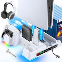 1 x RAW Customer Returns OIVO PS5 PS5 Slim Stand with 3-Speed Fan and RGB Light, PS5 Stand with 4 USB Ports PS5 Controller Charging Station Headset Holder Remote Slot 14 Games Storage for PS5 Accessories - RRP €39.01