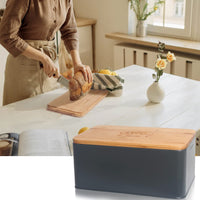 1 x RAW Customer Returns Theo Cleo bread box with cutting board, 33x21x15cm, matte bread box with wooden lid and linen bread bag, all-round ventilation, bread basket for long-lasting freshness gray - RRP €35.28