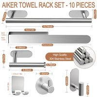 1 x RAW Customer Returns AIKER Towel Holder Without Drilling, 10PCS Updated Version Towel Holder Set, Thickened High Quality Stainless Steel 304 Bathroom Kit Hooks Self-Adhesive, Ideal For Bathroom Toilet Kitchen Office-Silver - RRP €26.53