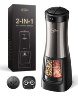 1 x RAW Customer Returns Sangcon 2 in 1 electric salt and pepper mill, battery-operated salt and pepper mill, automatic one-handed operation with light, adjustable ceramic grinders, refillable, metallic gunmetal - RRP €33.59