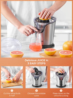 1 x RAW Customer Returns Electric citrus press FOHERE orange press with quiet motor, anti-drip spout and 2 cones for orange, lemon, grapefruit, dishwasher safe, easy to clean, stainless steel - RRP €34.99