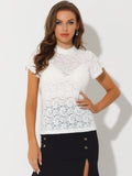 1 x RAW Customer Returns Allegra K women s short sleeve dirndl traditional blouse stand-up collar mesh transparent elegant lace top white L - RRP €41.99