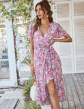 1 x Brand New WISFRUIT Women s Casual V-Neck Summer Dresses Long Dress Floral Boho Wrap Dress Short Sleeve Ruffles Elegant Floral Pattern Beach Dresses with Waistband A-Black, S  - RRP €15.12